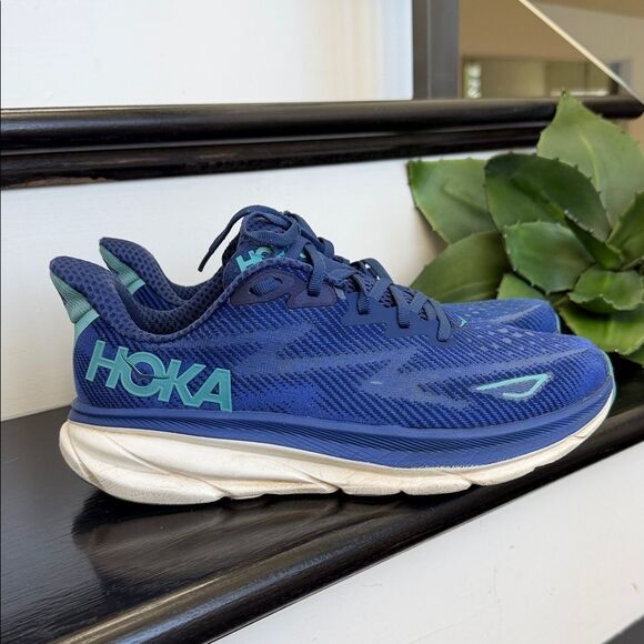 Hoka Other - HOKA Clifton 9 men’s size 9 running shoes, navy blue & aqua neakers